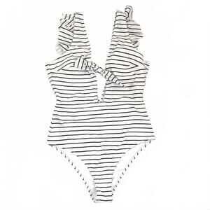 Cupshe | NWOT Black White Striped One Piece Swimsuit Ruffle Deep V Front Tie M